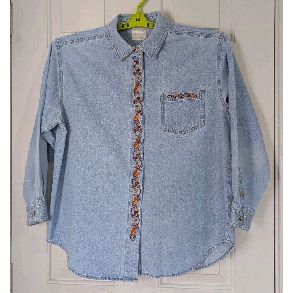 VTG Denim L/S Button Shirt Womens Large Blue Embroidered Trim Autumn Leaves Fall